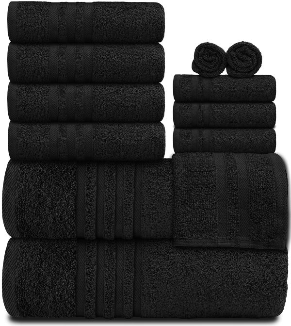 12 Piece Bath Towel Set for Bathroom   Wealuxe Collection 2 Bath Towels 4 Hand Towels 6 Washcloths 100% Cotton Soft and Plush Highly Absorbent Soft Towel for Hotel & Spa   Black - Image 2