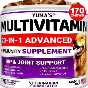 Dog Multivitamin Chewable with Glucosamine   Dog Vitamins and Supplements   170 Treats   Senior & Puppy Multivitamin for Dogs   Hip & Joint Support   Immune Health Skin Heart Digestion Probiotics