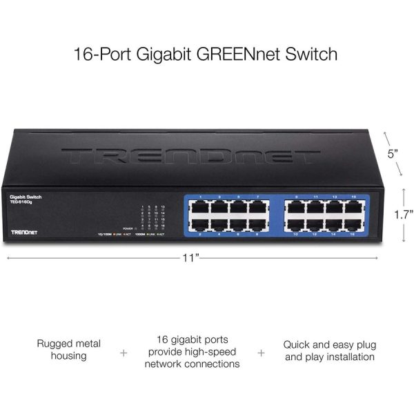 TRENDnet 6-Port Unmanaged Gigabit GREENnet Desktop Metal Switch, Ethernet-Network Switch, 16 x 10-100-1000 RJ-45 Ports, 32 Gbps Forwarding Capacity, Lifetime Protection, Black, TEG-S16DG - Image 6