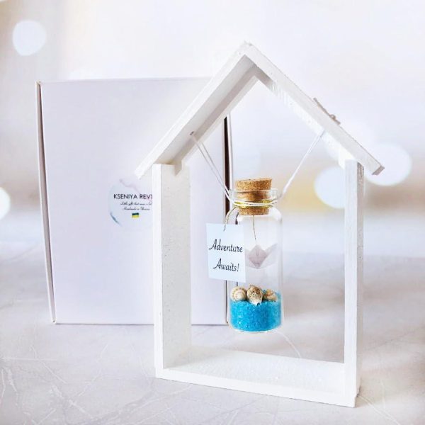 Tiny Magical Message in a Bottle Gift Idea   Classy Inspirational Gifts for Him and Her   Unique Presents for Women and Men (Blue Sand   Adventure Awaits in Wooden Frame) - Image 2