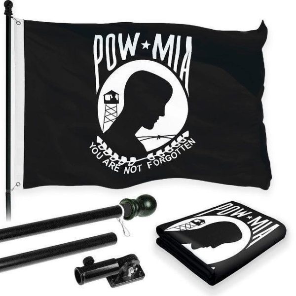 G128 Combo Pack: 6 Feet Tangle Free Spinning Flagpole (Black) POW MIA Flag 3x5 ft Printed 150D Brass Grommets (Flag Included) Aluminum Flag Pole