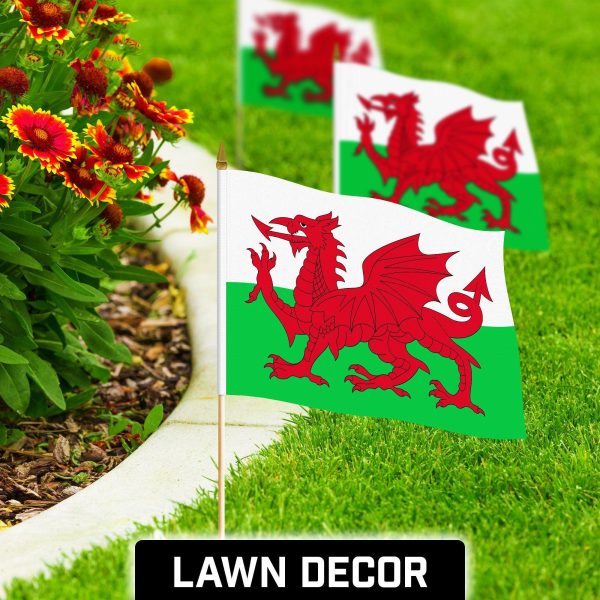 G128 24 Pack Handheld Wales Welsh Stick Flags | 12x18 In | Printed 150D Polyester, Country Flag, Solid Wooden Stick, Spear Gold Tip - Image 3