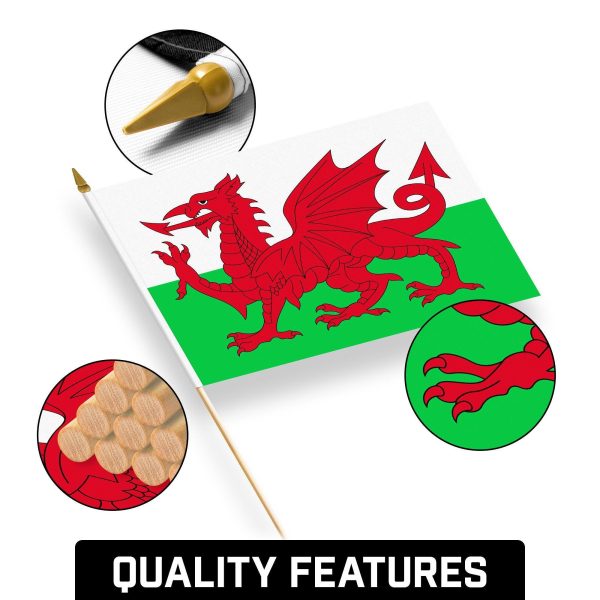 G128 24 Pack Handheld Wales Welsh Stick Flags | 12x18 In | Printed 150D Polyester, Country Flag, Solid Wooden Stick, Spear Gold Tip - Image 8