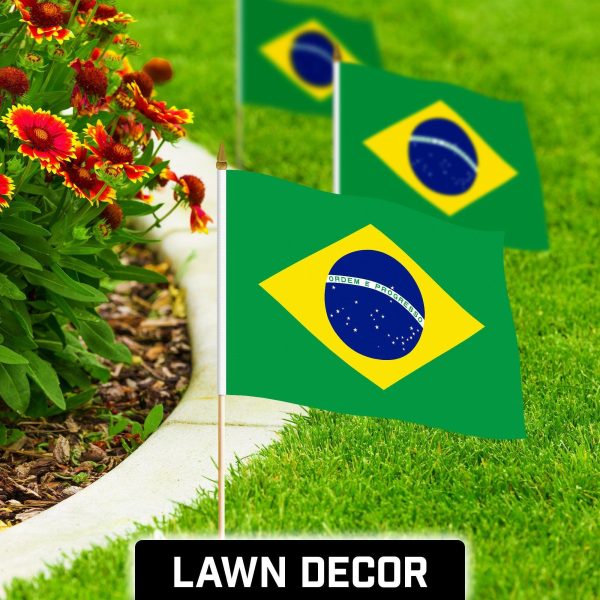 G128 30 Pack Handheld Brazil Brazilian Stick Flags | 12x18 In | Printed 150D Polyester, Country Flag, Solid Wooden Stick, Spear Gold Tip - Image 3