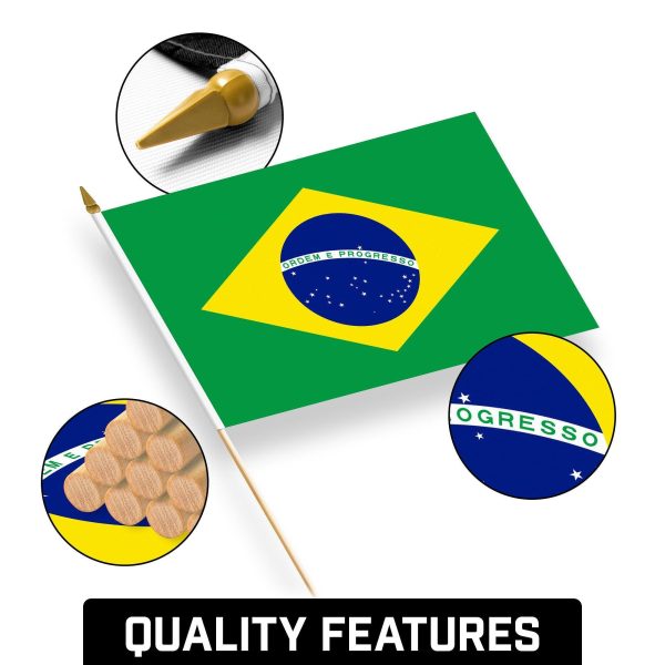 G128 30 Pack Handheld Brazil Brazilian Stick Flags | 12x18 In | Printed 150D Polyester, Country Flag, Solid Wooden Stick, Spear Gold Tip - Image 8