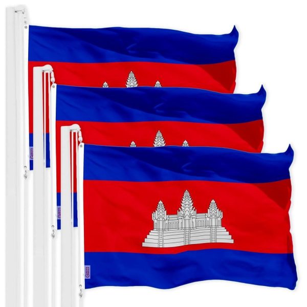 G128 3 Pack: Cambodia Cambodian Flag | 3x5 Ft | LiteWeave Pro Series Printed 150D Polyester | Country Flag, Indoor/Outdoor, Vibrant Colors, Brass Grommets, Thicker and More Durable Than 100D 75D Poly
