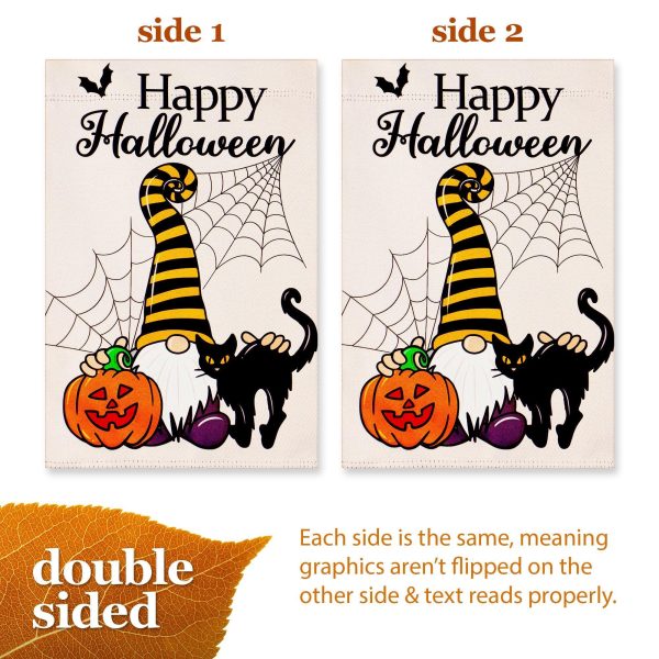 G128 Garden Flag Happy Halloween Gnome with Pumpkin and Black Cat 12"x18" Blockout Fabric - Image 3
