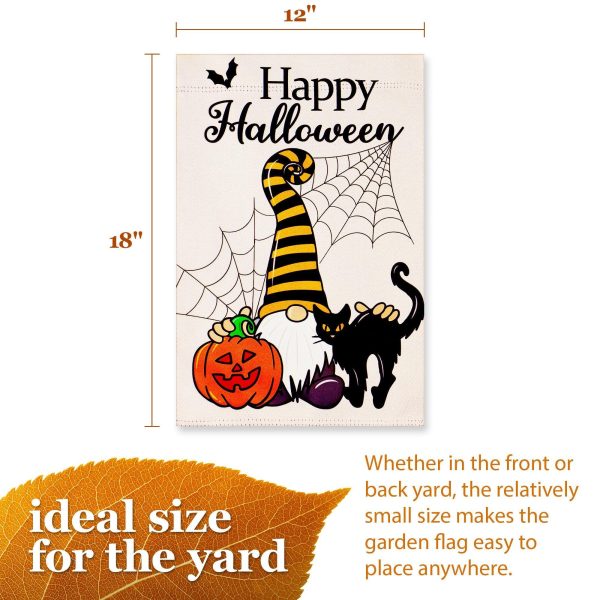 G128 Garden Flag Happy Halloween Gnome with Pumpkin and Black Cat 12"x18" Blockout Fabric - Image 4