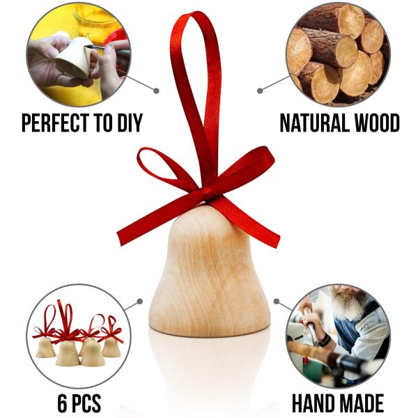 Wooden Christmas Ornaments to Paint Set of 6 pcs   DIY Blank Christmas Bells for Crafts Hanging Christmas Tree Decorations   Unfinished Wood Crafts - Image 2