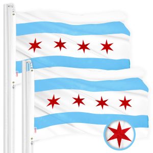 G128 Chicago Flag 2x3 Ft 2-Pack Embroidered 300D Embroidered Stars, Sewn Stripes, Brass Grommets, Indoor/Outdoor, Vibrant Colors, Quality Polyester