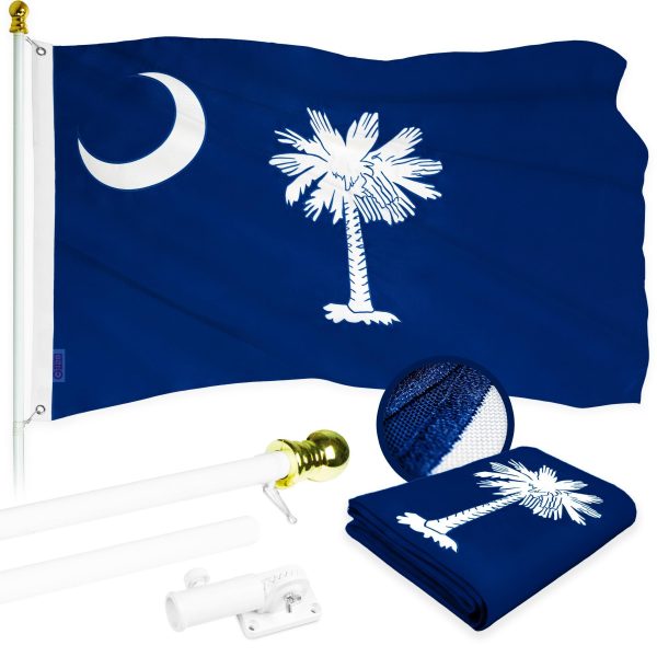 G128 Combo Pack: 5 Ft Tangle Free Aluminum Spinning Flagpole (White) & South Carolina SC State Flag 2.5x4 Ft, ToughWeave Series Embroidered 300D Polyester | Pole with Flag Included