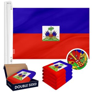 G128 5 PACK: Haiti Haitian Flag 3x5 Ft Double Sided Embroidered 210D Indoor/Outdoor, Brass Grommets, Heavy Duty Polyester