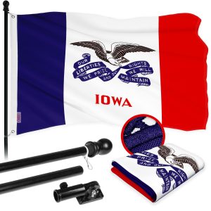 G128 Combo Pack: 6 Ft Tangle Free Aluminum Spinning Flagpole (Black) & Iowa IA Deluxe State Flag 3x5 Ft, ToughWeave Series Embroidered 300D Polyester | Pole with Flag Included