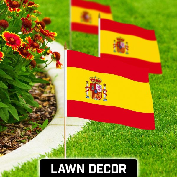 G128 24 Pack Handheld Spain Spanish Stick Flags | 12x18 In | Printed 150D Polyester, Country Flag, Solid Wooden Stick, Spear Gold Tip - Image 3