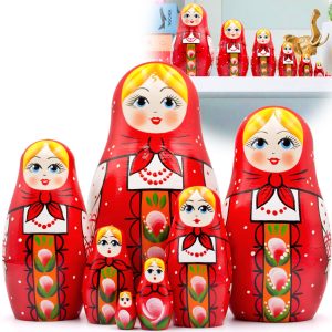 AEVVV Nesting Dolls Set of 7 pcs Baboushka Nesting Dolls in Hand Painted Red Head Scarf and Sarafan Dress with Ornaments Russian Dolls Nesting Dolls