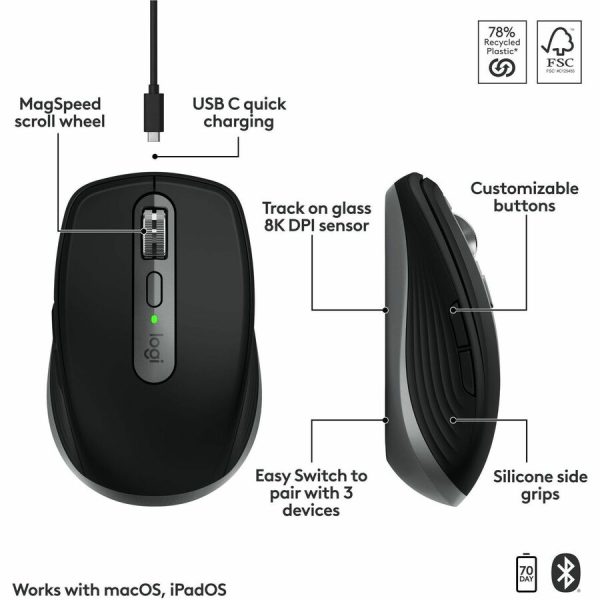 Logitech MX Anywhere 3S for Mac, Compact Wireless Bluetooth Mouse, 8K DPI Any-Surface Tracking, Quiet Clicks, USB C, Wireless Mouse for MacBook Pro, Macbook Air, iMac, iPad (Space Grey) - Image 7