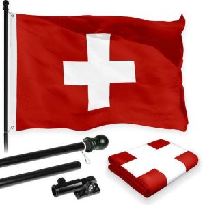 G128 Combo Pack: 6 Feet Tangle Free Spinning Flagpole (Black) Switzerland Swiss Flag 3x5 ft Printed 150D Brass Grommets (Flag Included) Aluminum Flag Pole