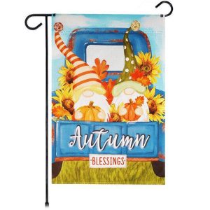 G128 Garden Flag Autumn Blessings Gnomes with Pumpkins | 12x18 Inch | Printed Blockout Polyester - Fall Decoration