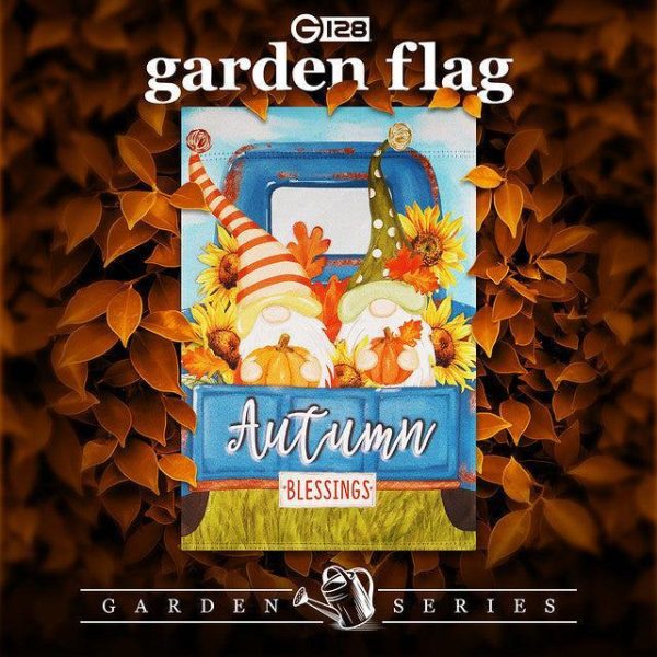 G128 Garden Flag Autumn Blessings Gnomes with Pumpkins | 12x18 Inch | Printed Blockout Polyester - Fall Decoration - Image 2