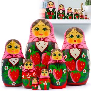 AEVVV Nesting Dolls Set of 7 pcs Russian Doll in Pink Head Scarf and Sarafan Dress with Hand Painted Strawberry Decorations Matryoshka Nesting Dolls