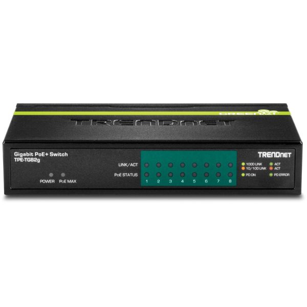 TRENDnet 8-Port GREENnet Gigabit PoE+ Switch, Supports PoE And PoE+ Devices, 61W PoE Budget, 16Gbps Switching Capacity, Data & Power Via Ethernet To PoE Access Points & IP Cameras, Black, TPE-TG82G - Image 3