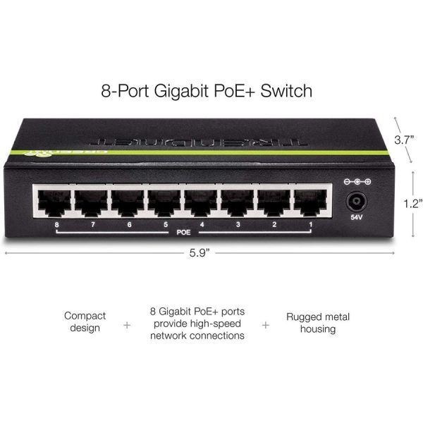 TRENDnet 8-Port GREENnet Gigabit PoE+ Switch, Supports PoE And PoE+ Devices, 61W PoE Budget, 16Gbps Switching Capacity, Data & Power Via Ethernet To PoE Access Points & IP Cameras, Black, TPE-TG82G - Image 6
