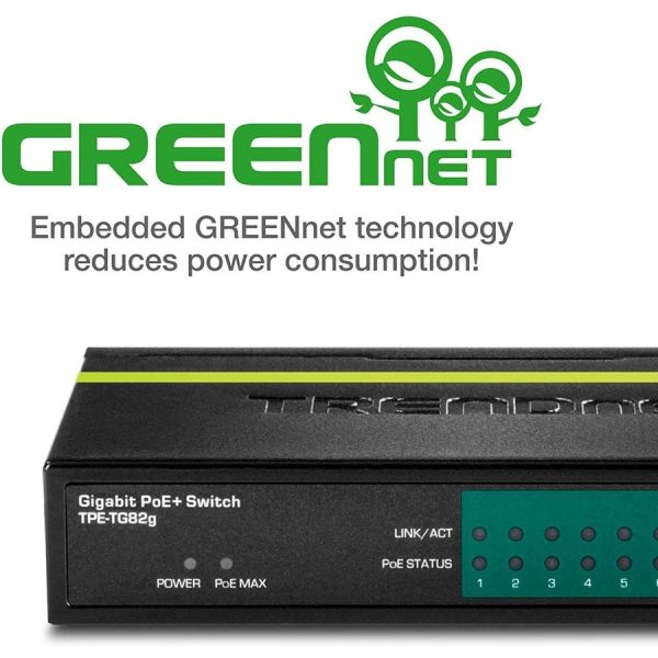 TRENDnet 8-Port GREENnet Gigabit PoE+ Switch, Supports PoE And PoE+ Devices, 61W PoE Budget, 16Gbps Switching Capacity, Data & Power Via Ethernet To PoE Access Points & IP Cameras, Black, TPE-TG82G - Image 7
