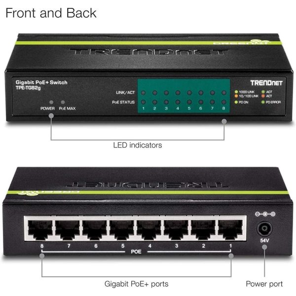 TRENDnet 8-Port GREENnet Gigabit PoE+ Switch, Supports PoE And PoE+ Devices, 61W PoE Budget, 16Gbps Switching Capacity, Data & Power Via Ethernet To PoE Access Points & IP Cameras, Black, TPE-TG82G - Image 8