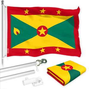 G128 Combo Pack: 6 Ft Tangle Free Aluminum Spinning Flagpole (Silver) & Grenada Grenadian Flag 3x5 Ft, LiteWeave Pro Series Printed 150D Polyester | Pole with Flag Included