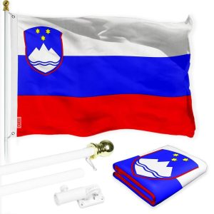 G128 Combo Pack: 6 Ft Tangle Free Spinning Flagpole (White) & Slovenia Flag 3x5 Ft Printed 150D Polyester, Brass Grommets (Flag Included) Aluminum Flag Pole