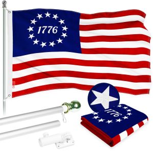 G128 Combo Pack: 5 Ft Tangle Free Aluminum Spinning Flagpole (Silver) & Betsy Ross 1776 Flag 2x3 Ft, ToughWeave Series Embroidered 300D Polyester | Pole with Flag Included