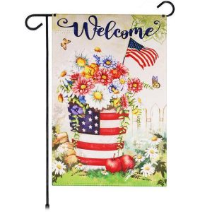 G128 Garden Flag Welcome USA Flag Flower Pot | 12x18 Inch | Printed Blockout Polyester - Patriotic Decoration