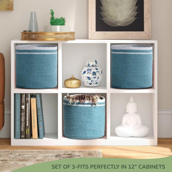 Recycled Cotton Rope Storage Cube Basket Plant Basket Multi Purpose Woven Cube Storage Organizer Shelves Closet Storage Bins Nursery Kids Room Organizer 11 Inch Set of 3   Blue - Image 2