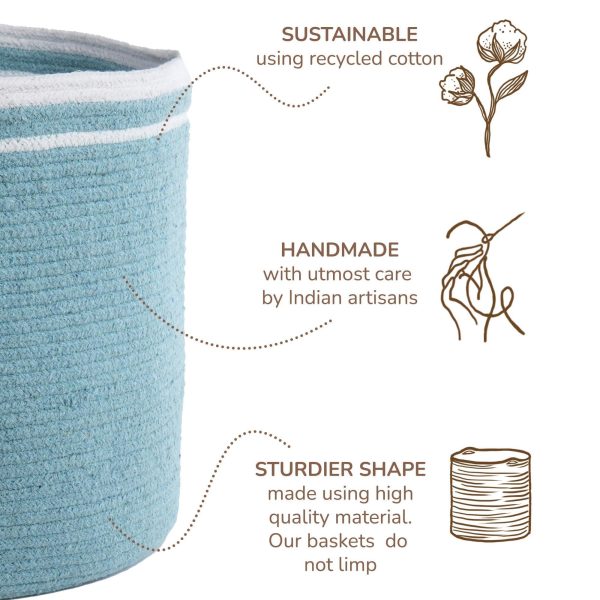 Recycled Cotton Rope Storage Cube Basket Plant Basket Multi Purpose Woven Cube Storage Organizer Shelves Closet Storage Bins Nursery Kids Room Organizer 11 Inch Set of 3   Blue - Image 4