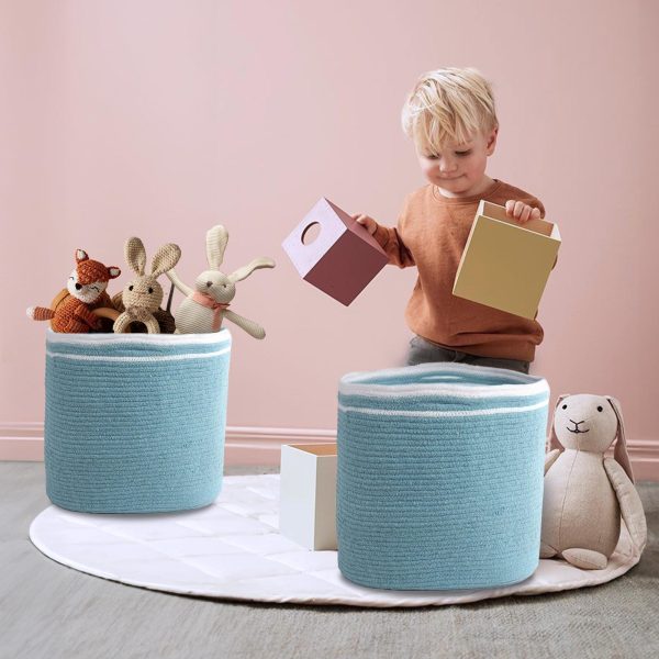 Recycled Cotton Rope Storage Cube Basket Plant Basket Multi Purpose Woven Cube Storage Organizer Shelves Closet Storage Bins Nursery Kids Room Organizer 11 Inch Set of 3   Blue - Image 5