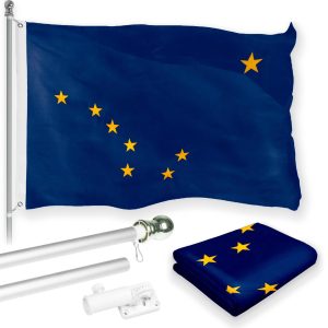 G128 Combo Pack: 6 Feet Tangle Free Spinning Flagpole (Silver) Alaska AK State Flag 3x5 ft Printed 150D Brass Grommets (Flag Included) Aluminum Flag Pole