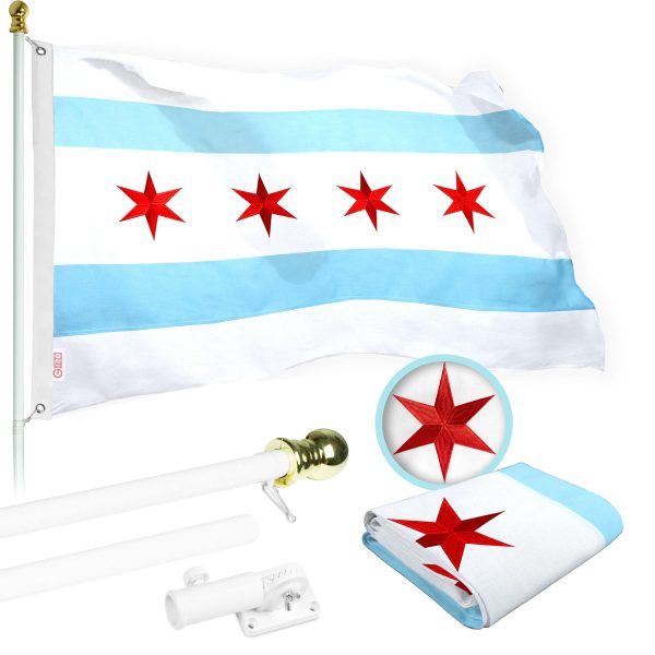 G128 Flag Pole 5 FT White Tangle Free & Chicago Flag 2.5x4 FT Combo Embroidered Spun Polyester