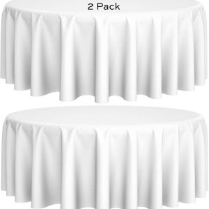 [2 Pack] White Round Tablecloths 90 Inch [Perfect Size for 30 60 Inch Tables] 200 GSM Premium Quality Textured Washable Polyester Fabric 90  Table Cloth White