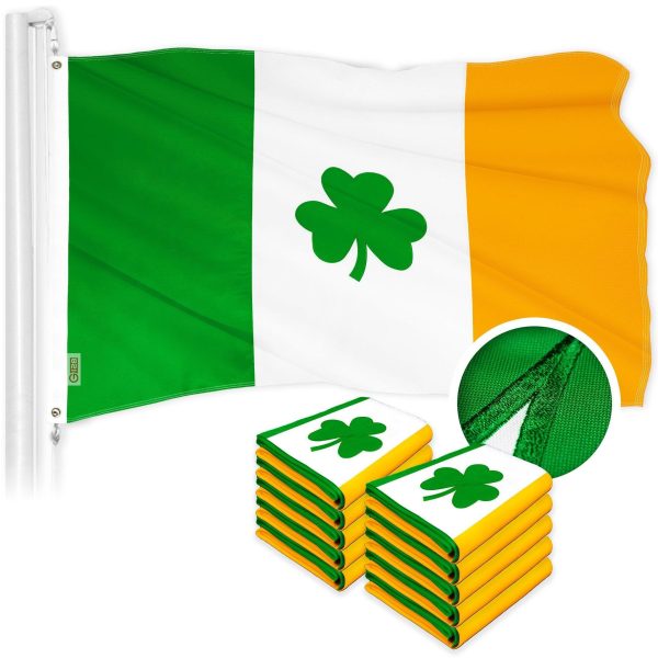 G128 10 Pack: Ireland Irish Shamrock Flag | 2x3 Ft | ToughWeave Series Embroidered 300D Polyester | Embroidered Design, Indoor/Outdoor, Brass Grommets