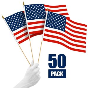 G128 50 Pack Handheld American USA Stick Flags | 12x18 In | Printed 150D Polyester, Country Flag, Solid Wooden Stick, Spear Gold Tip, Great for Patriotic Decorations