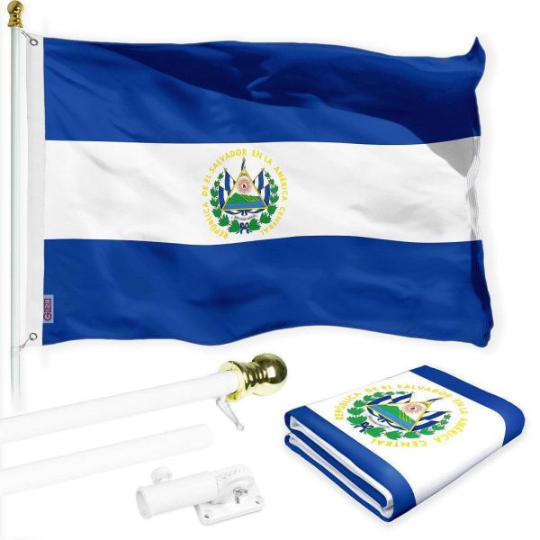G128 Combo Pack: 6 Ft Tangle Free Spinning Flagpole (White) & El Salvador Flag 3x5 Ft Printed 150D Polyester, Brass Grommets (Flag Included) Aluminum Flag Pole