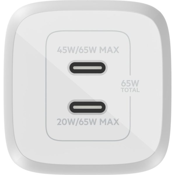 Belkin 65W Portable Dual Port GaN Wall Charger - 2xUSB-C (65W Total) - w/ USB-C to USB-C Cable - Fast Charging - Power Adapter - White - Image 3