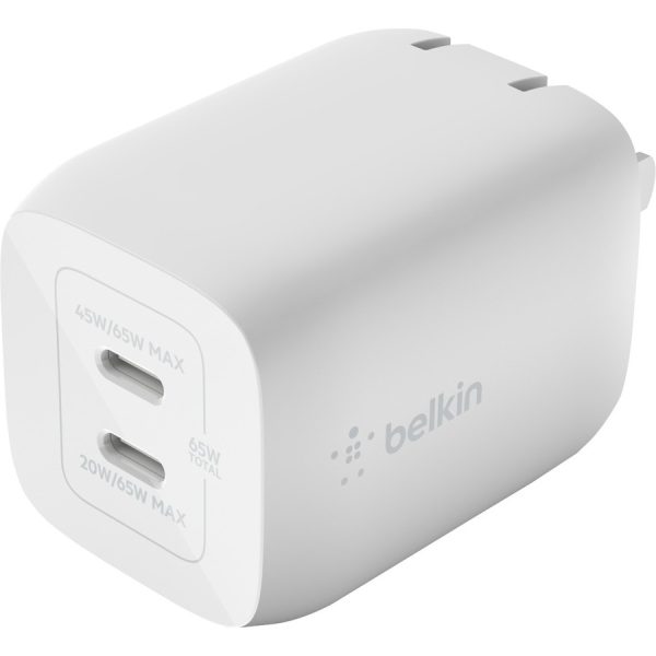Belkin 65W Portable Dual Port GaN Wall Charger - 2xUSB-C (65W Total) - w/ USB-C to USB-C Cable - Fast Charging - Power Adapter - White - Image 5