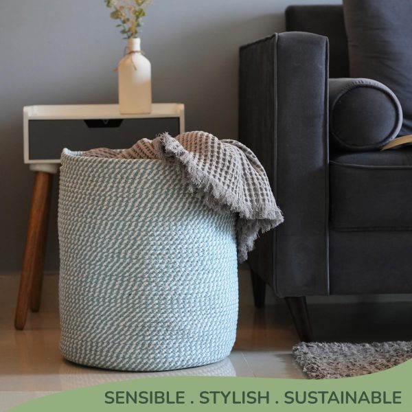 Recycled Cotton Laundry Basket   Woven Rope Blanket Storage Basket Toys Towels Laundry and Living Room Organization  15x15x17.7    Eco Friendly and Stylish White & Blue Melange - Image 2