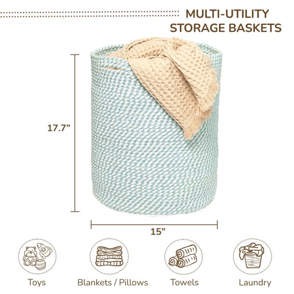 Recycled Cotton Laundry Basket   Woven Rope Blanket Storage Basket Toys Towels Laundry and Living Room Organization  15x15x17.7    Eco Friendly and Stylish White & Blue Melange - Image 3