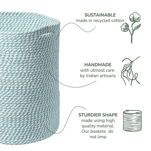 Recycled Cotton Laundry Basket   Woven Rope Blanket Storage Basket Toys Towels Laundry and Living Room Organization  15x15x17.7    Eco Friendly and Stylish White & Blue Melange - Image 4