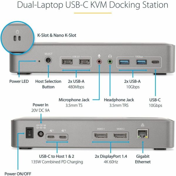 StarTech.com Dual-Laptop USB-C KVM Docking Station, Dual Monitor 4K 60Hz DisplayPort KVM Dock, 5x USB Hub, GbE, 90W/45W PD, Windows/Mac - Image 3