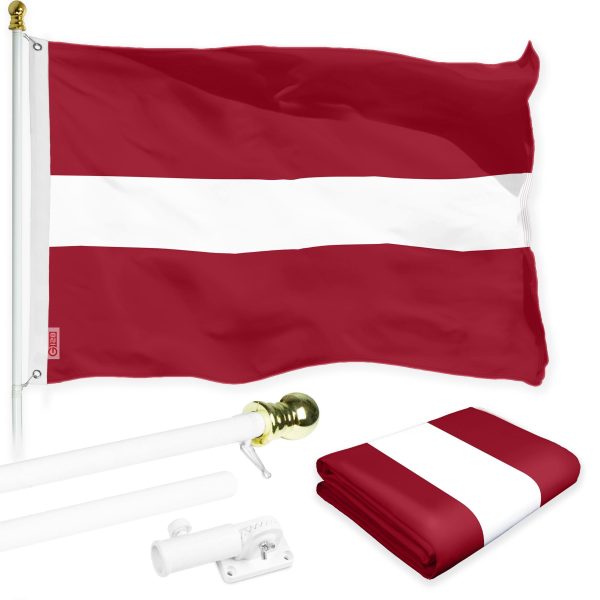 G128 Combo Pack: 6 Ft Tangle Free Spinning Flagpole (White) & Latvia Flag 3x5 Ft Printed 150D Polyester, Brass Grommets (Flag Included) Aluminum Flag Pole