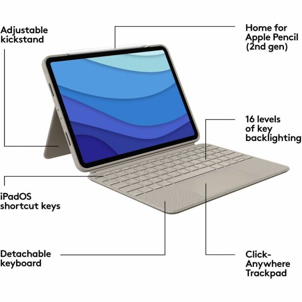 Logitech Combo Touch Keyboard/Cover Case for 11" Apple iPad Pro (3rd Generation), iPad Pro (2nd Generation), iPad Pro Tablet - Sand - Image 6