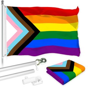 G128 Combo Pack: 6 Ft Tangle Free Aluminum Spinning Flagpole (Silver) & LGBT Progress Rainbow Pride Flag 3x5 Ft, LiteWeave Pro Series Printed 150D Polyester | Pole with Flag Included